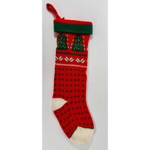 Vintage Knitted Red Christmas Stocking Double Tree Design 1980s Holiday